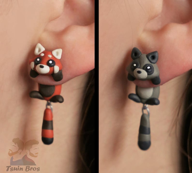 Animal earrings: Red Panda or Raccoon, 100 % Handmade. image 1