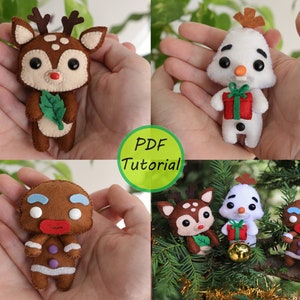 Puede incluir: Un conjunto de tres adornos navideños de fieltro: un hombre de jengibre, un muñeco de nieve que sostiene un regalo y un reno que sostiene una hoja verde. Los adornos están colgados de una rama de árbol de Navidad. La imagen también incluye un primer plano de cada adorno sostenido en una mano. El texto "PDF Tutorial" se muestra en un círculo verde.
