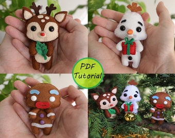 Peluches de Noël en feutrine : Renne, Bonhomme de neige et Bonhomme en pain d'épice. Patron PDF et tutoriel simple inclus.