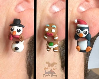 Christmas Polymer Clay Earrings – Snowman, Gingerbread Man & Penguin | Cute Holiday Earrings | Handmade Christmas Jewelry