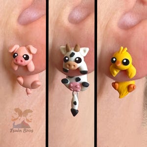 Animal earrings: Pig, Cow, Chick, Hen, Rabbit and Duck. 100% Handmade.