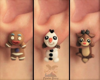 Christmas earrings: Gingerbread man, Snowman or Reindeer, 100 % Handmade.