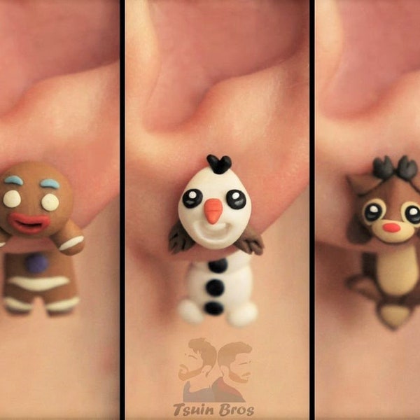 Boucles d'oreilles de Noël : Bonhomme en pain d'épices, Bonhomme de neige ou Renne, 100% Fait main.