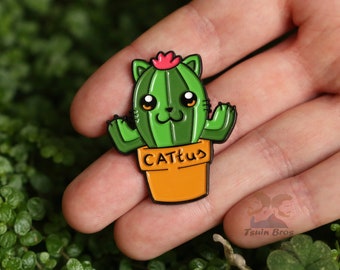 CATtus pin. Cactus plant and cat enamel pin.