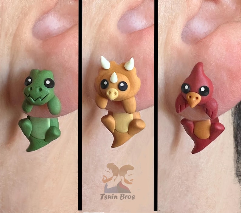Dinosaur Stud Earrings: Triceratops, T-Rex, Pterodactyl, Diplodocus, Parasaurolophus and Dilophosaurus – Handcrafted Polymer Clay Earrings image 1
