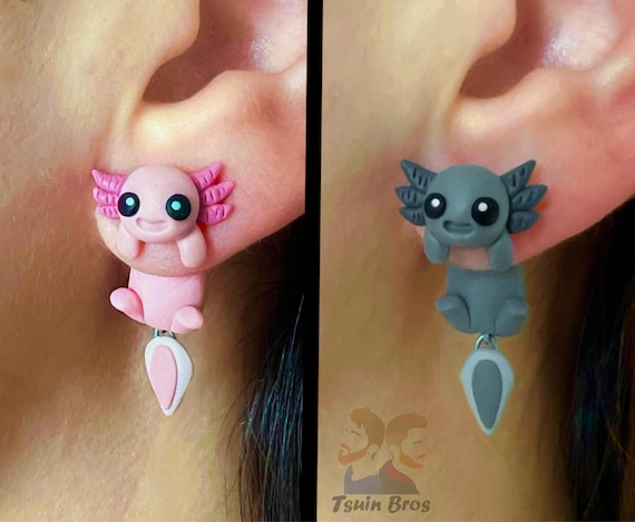 Axolotl earrings: Pink or Grey – Handcrafted Polymer Clay Earrings – Hypoallergenic Lightweight Gift for Animal Lovers.