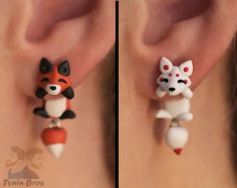 Forest Fox or Japanese Kitsune earrings, 100 % Handmade.