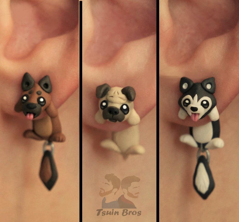 Dog earrings: German Sepherd, Pug and Husky, 100 % Handmade. image 1