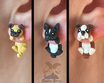 Dog earrings: Pug, French Bulldog and English Bulldog, 100 % Handmade.