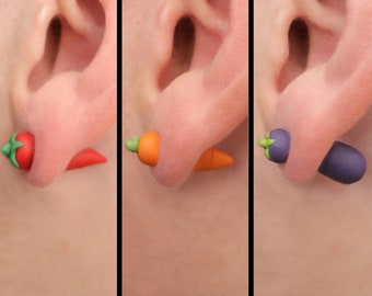 Vegetable earrings (fake stretchers): Red hot chili pepper, carrot or eggplant, 100 % Handmade.