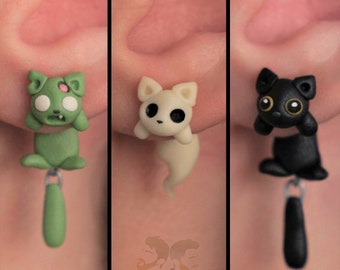 Cat earrings: Zombie, Ghost or Black, 100 % Handmade.