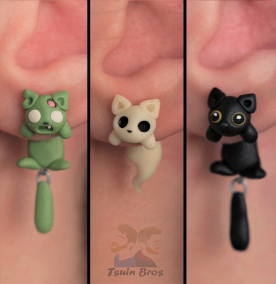 Boucles - oreilles CHAT en Argile polymère faites Mains