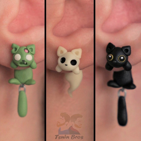 Cat earrings: Zombie, Ghost or Black, 100 % Handmade.