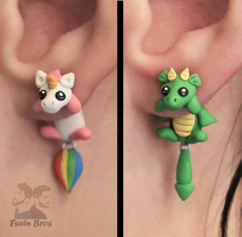 Unicorn and Dragon earrings, 100% Handmade. image 1