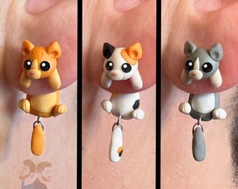 Handmade Cat Earrings - Polymer Clay – Cute Cat Stud Earrings with Flexible Plastic Post – Lightweight & Hypoallergenic – 9 Color Variations