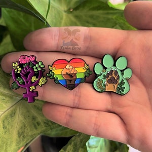Equality pins: Feminism, Pride Progress and Animalism. Enamel pins.