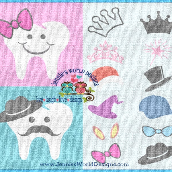 Tooth Fairy Complete Set -SVG/DXF/PNG - Studio, Cricut - cut files, hat, mustache, princess, wand, bunny ears, hat, tooth fairy bag