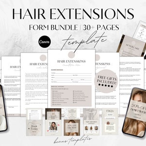 Contrat d'extensions de cheveux modifiable,formulaire de consultation d'extensions de cheveux,carte d'entretien après-vente extensions de cheveux,contrat d'extension de cheveux, modèle canva