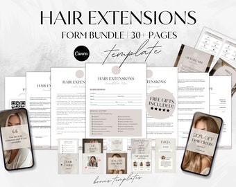 Editable Hair Extensions Contract,Hair Extensions Consultation Form,Hair Extensions After Care Card,Hair Extension Agreement, canva template