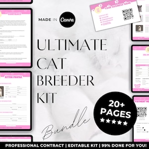 May include: A digital Ultimate Cat Breeder Kit bundle with over 20 pages, including contracts, kitten profiles, and bill of sale templates. The kit is made in Canva and is 99% done for you.