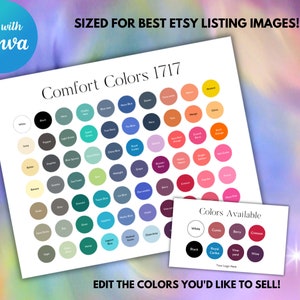May include: A chart of 64 different color swatches labeled with names like "White", "Black", "Navy", "Berry", "Crimson", and "Royal Caribe". The chart is titled "Comfort Colors 1717". A smaller card below the chart lists the available colors and says "Colors Available".