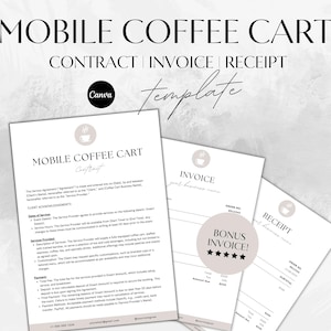 モバイル コーヒー カート契約書テンプレート、モバイル コーヒー カート請求書、編集可能なコーヒー カート契約書、コーヒー領収書、モバイル ベンダー コーヒー