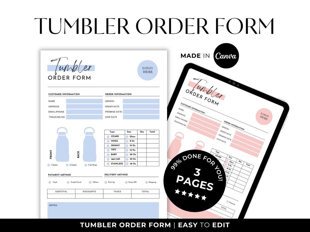 Editable Tumbler Order Form Template, Printable, Printable Invoice ...