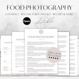 May include: A set of five printable documents for food photography contracts, releases, invoices, receipts, and more. The documents are editable and feature a modern, minimalist design with a neutral color palette.