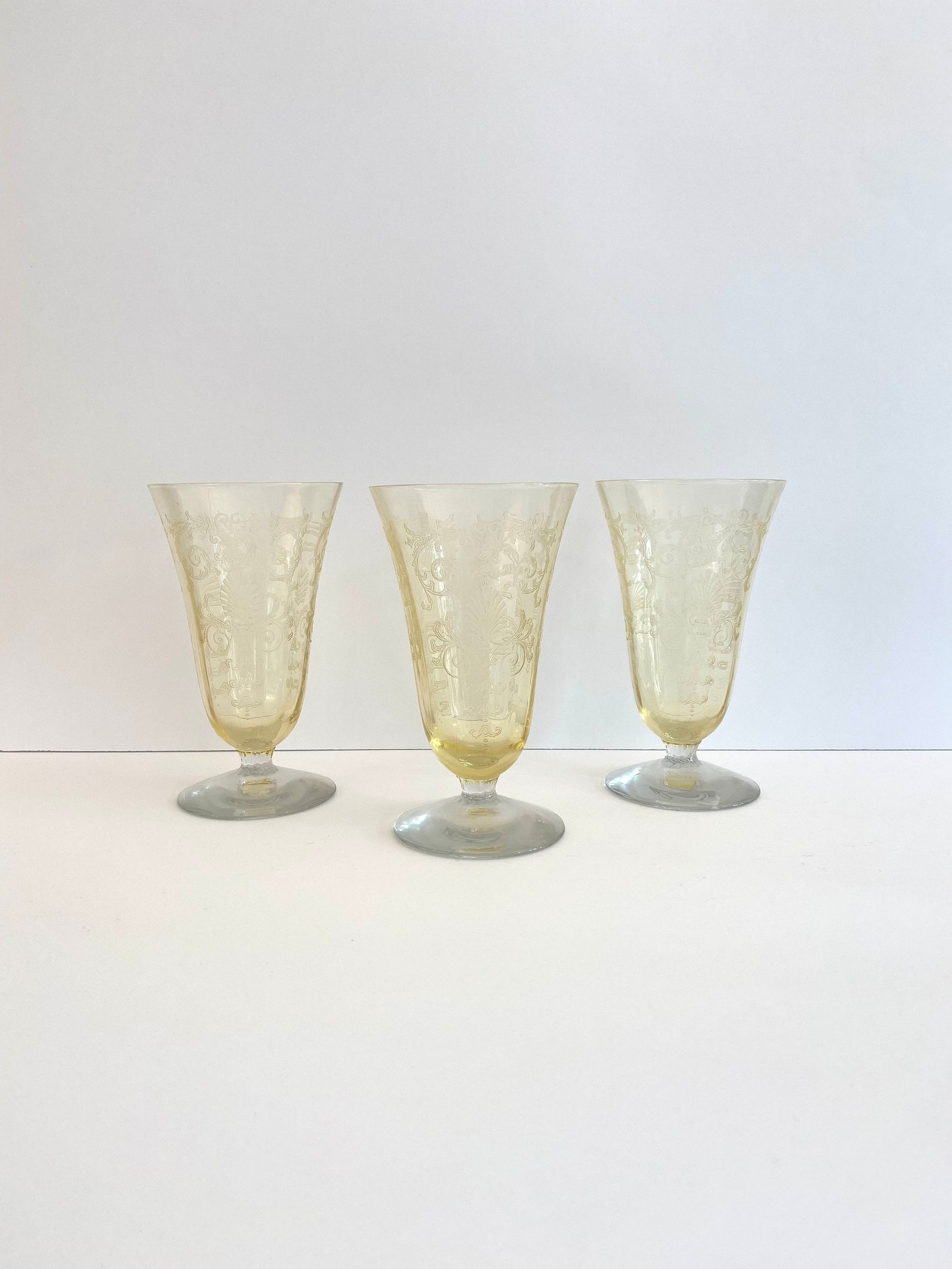 Three DepressionEra Yellow Etched Parfait Glasses Etsy