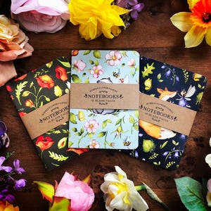 Peut inclure: Trois petits carnets avec des motifs floraux. Les couvertures présentent un renard, un ours et un coquelicot. Chaque carnet porte une étiquette brune sur laquelle est inscrit "Burren Flower Fairies Notebooks 40 Blank Pages".