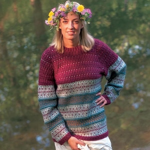 Modello per tunica Fair Isle a maglia, maglione pullover in lana a più colori, modello per maglione Fair Isle nordico, modello PDF vintage