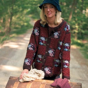 Patchwork Flower Jacket Knitting Pattern, Floral Intarsia Cardigan Knit, Woodsy Color Block Jumper, Vintage PDF Pattern