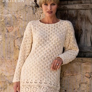 Patrón PDF vintage de ganchillo para cárdigan de primavera, chaqueta de verano extragrande estilo años 90, motivo de concha con textura de punto abullonado y diseño de encaje.