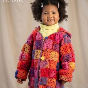 Vintage PDF Pattern Child Hooded Patchwork Cardigan Granny Square Coat Toddler Girl Jacket Colorful Boho Sweater DIY Crochet Design