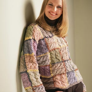 Patchwork Cable Knit Sweater Pattern Boho Colorful Cable Jumper Women Experienced Winter Design Vintage PDF Pattern