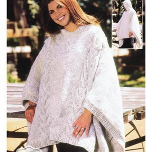 May include: A light gray knitted poncho with cable knit detailing and a wide neckline. The poncho is shown on a person. A smaller image shows a hooded version of the poncho. The image includes the text "KNITTING PDF PATTERN".