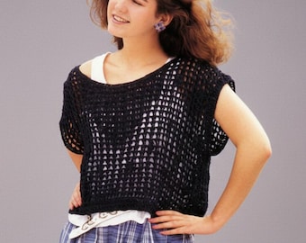 Womens Summer Mesh Shirt - Boxy Net Blouse Hook Knit - 90s Style Sheer Crochet Top - Vintage PDF Pattern