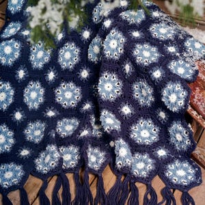 Medallion Motif Crochet Afghan Blanket in Blue and White, Frosty Star Winter Throw with Fringe, Fill-In Squares, Vintage PDF Pattern