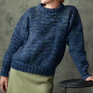 May include: A woman wearing a blue knit sweater with a textured chevron pattern. The sweater has a ribbed collar, cuffs, and hem. The image includes the text "KNITTING PDF PATTERN" in a circular badge.
