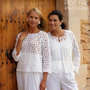 May include: Two women in matching white crochet outfits. One wears a jacket, the other a top, both with floral lace patterns. They are standing in front of a wooden door and a stone wall. The image includes the text "PDF File PATTERN".