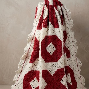 XOXO Granny Square Crochet Afghan Blanket, Red and White Hugs and Kisses Valentine Throw, Fuzzy Worsted Lacy Border, Vintage PDF Pattern