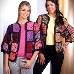 May include: Two women wearing colorful, patchwork crochet jackets. The jackets feature square patterns in shades of purple, pink, orange, and brown. The jackets have a button closure and short sleeves. The image also includes the text "PDF File PATTERN".