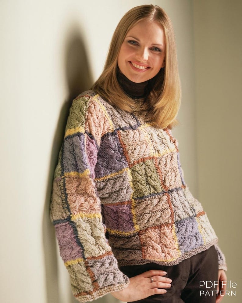 Patchwork Cable Knit Sweater Pattern Boho Colorful Cable Jumper Women Experienced Winter Design Vintage PDF Pattern image 1
