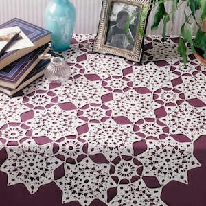 Crochet Tablecloth Pattern, Rectangular Lace Table Topper, Joined Floral Star Motifs, Advanced, 33 x 22 Inch, Vintage PDF Pattern