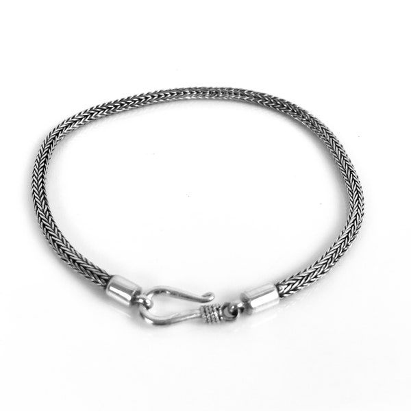 Mens 3mm Silver Snake Bracelet, Bali Bracelet Woven, Thin Bracelet Smooth End comes in 4 Lengths (7.5" to 9") Sterling 925 Silver