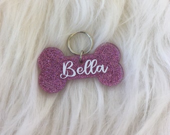 Personalized dog tag,pet name tag,glitter pet tag,pet ID tag,custom dog bone,customizable dog tag,resin dog tag,pet accessories,pet name ID.