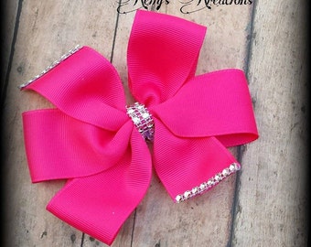 Pink simple hair bow with sparkle-Pink hair bow-Sparkle hiar bow-Pinwheel hair bow-Pink bow with rhinestones-Girls hair bows.