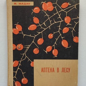Può includere: Copertina di libro vintage con sfondo nero e un disegno di bacche arancioni su rami spinosi. Il titolo del libro "АПТЕКА В ЛЕСУ" è in lettere rosse su un rettangolo beige. Il nome dell'autore, "M. ЖАДАН", è in alto.