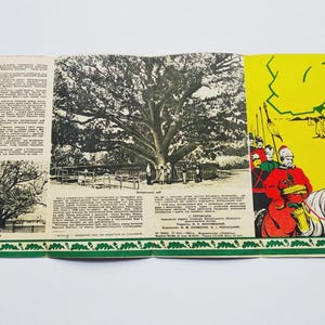 May include: A vintage tri-fold brochure featuring a large tree illustration and text. The brochure has a green border with a repeating pattern. The right panel has a yellow background with illustrations of soldiers on horseback.