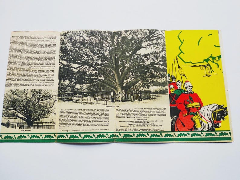 May include: A vintage tri-fold brochure featuring a large tree illustration and text. The brochure has a green border with a repeating pattern. The right panel has a yellow background with illustrations of soldiers on horseback.